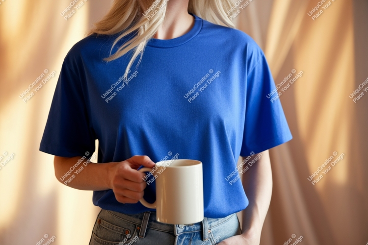 Blue t shirt mockup holding mug image