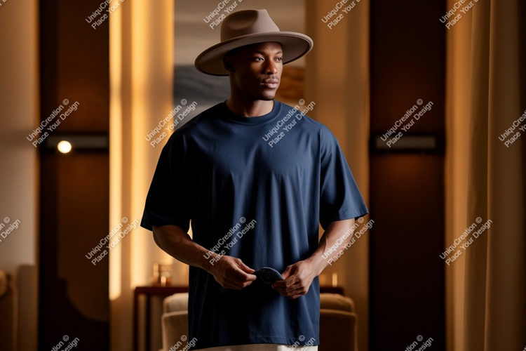 Man wearing navy t shirt and hat image