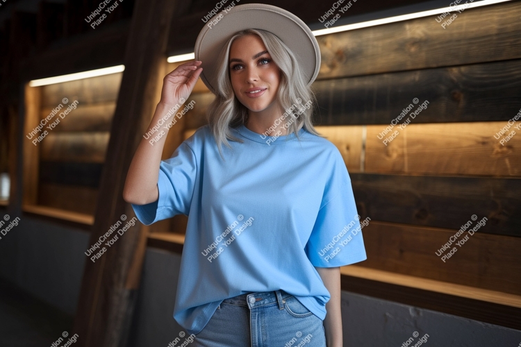 Woman wearing blue t shirt and hat image