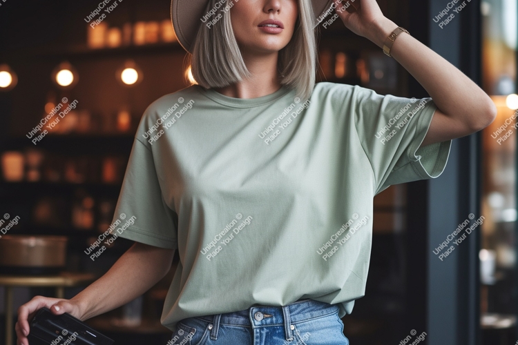 Woman wearing green t shirt and hat image