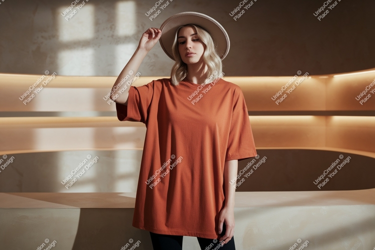Woman wearing terracotta t shirt and hat image
