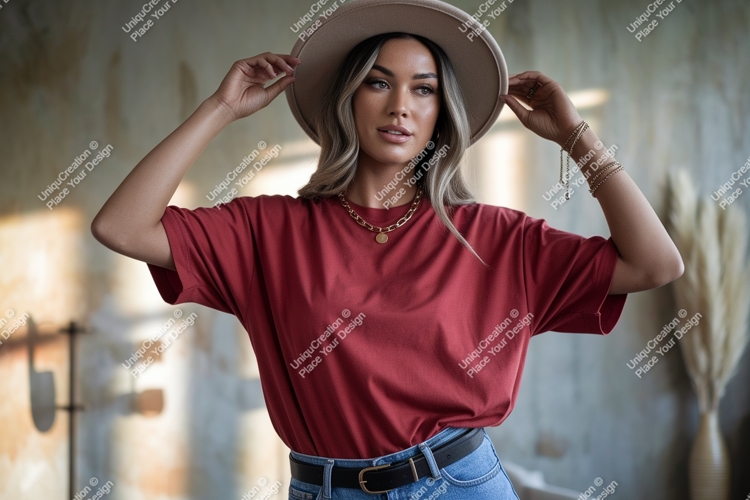 Woman wearing red t shirt and beige hat image