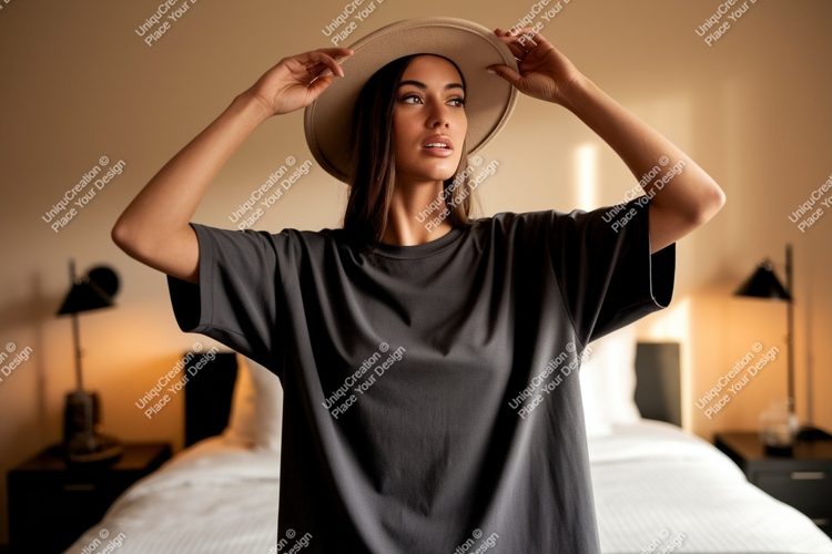 Woman wearing dark t-shirt and hat beige