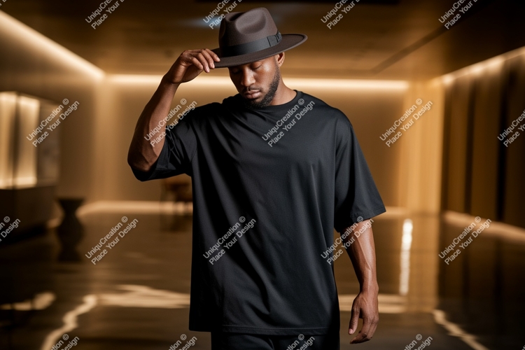 Man wearing black t shirt and brown fedora image