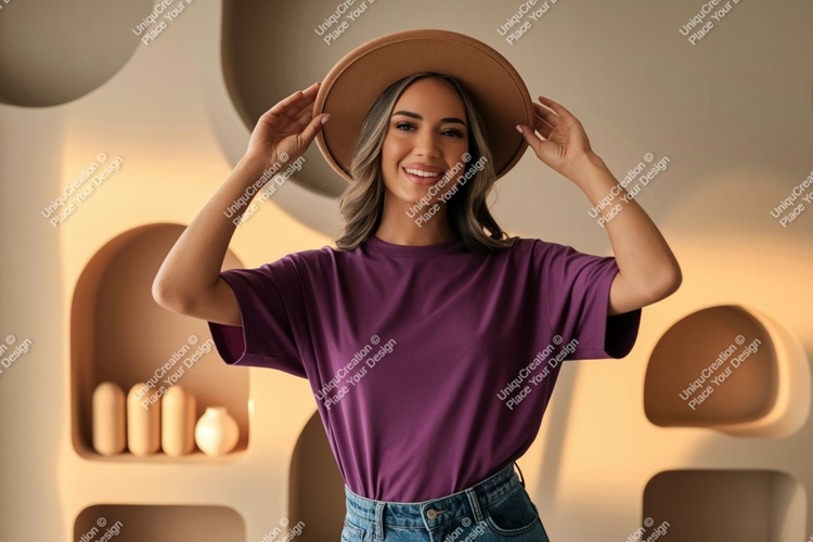 Woman wearing purple t shirt and brown hat image