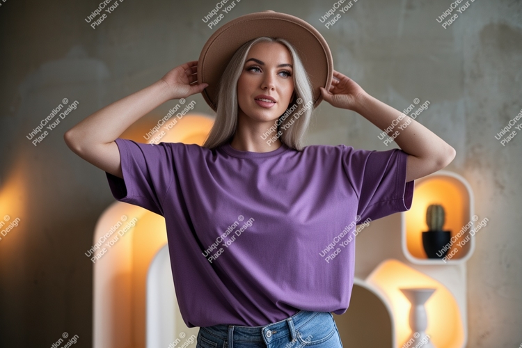 Woman wearing purple t shirt and hat image