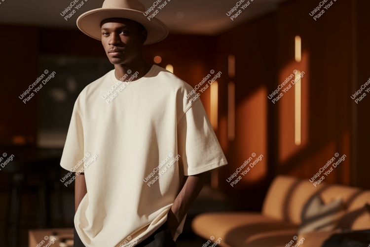 Man wearing cream t shirt and hat image