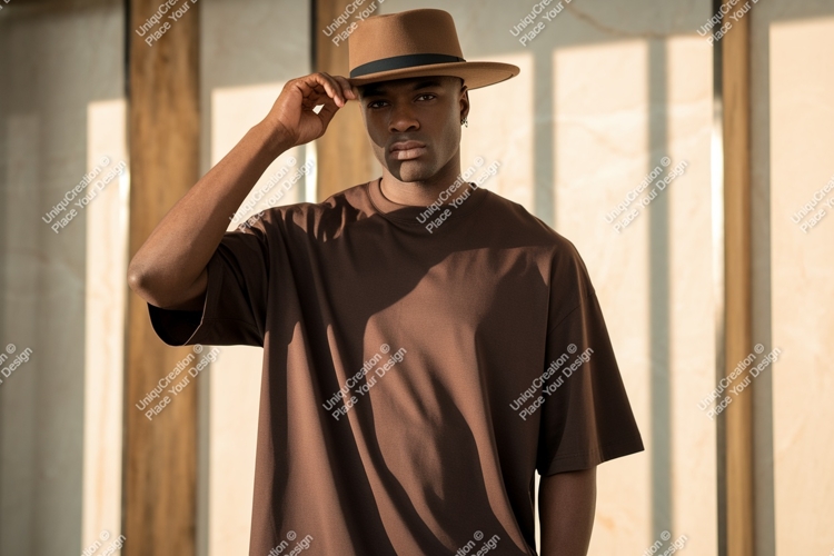 Man wearing brown hat and t shirt image
