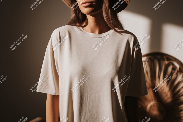 Woman wearing cream t shirt and hat