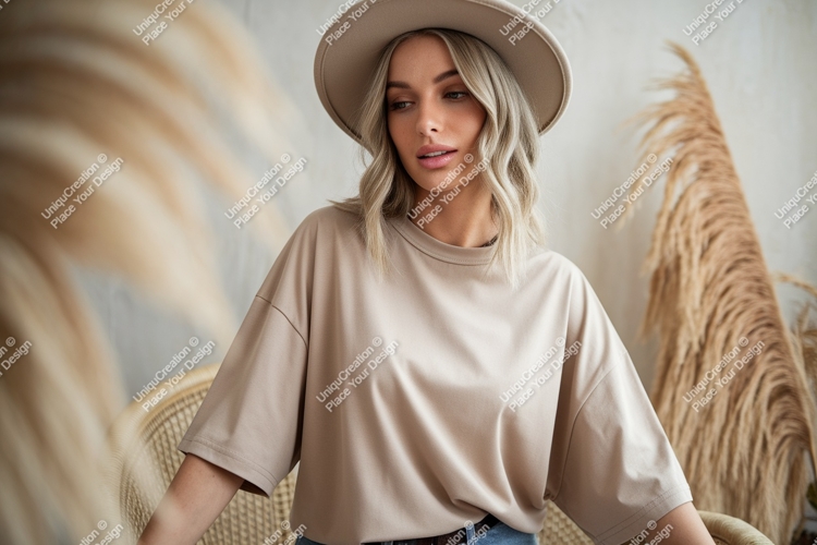 Blonde Woman Wearing Beige T Shirt and Hat