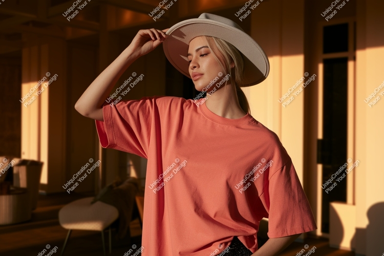 Woman wearing coral t shirt and hat image