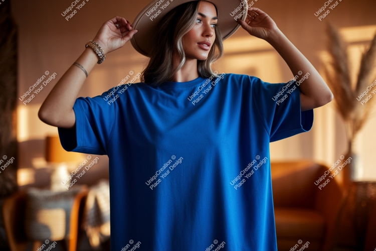 Woman wearing blue t-shirt and hat fashion