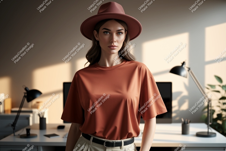 Woman wearing terracotta t shirt and hat t-shirt fashion