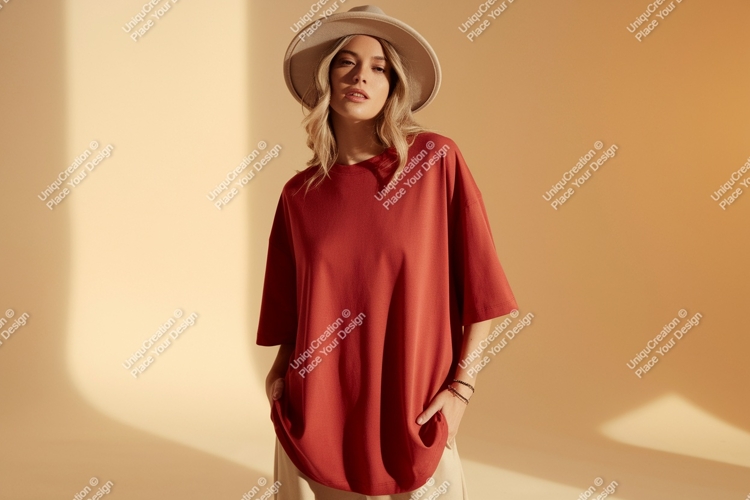 Woman wearing oversized red t shirt and hat image