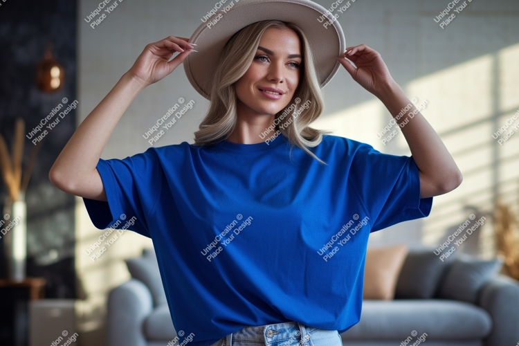 Woman wearing blue t shirt and hat image