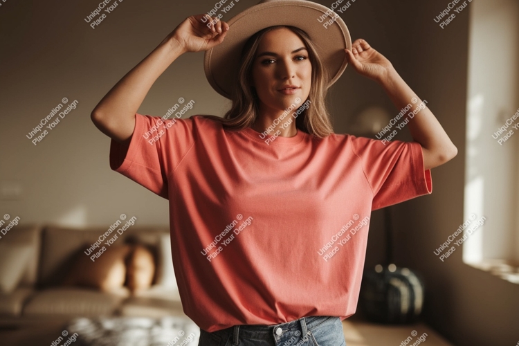 Woman wearing coral t shirt and hat image