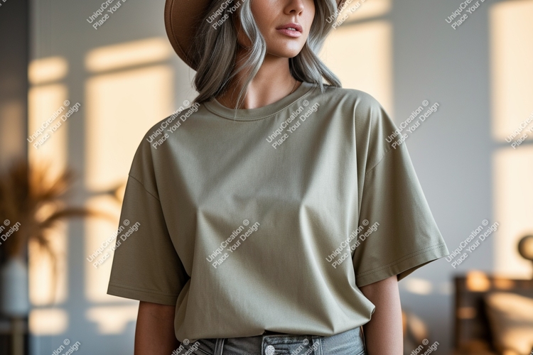 Woman wearing olive green t shirt mockup