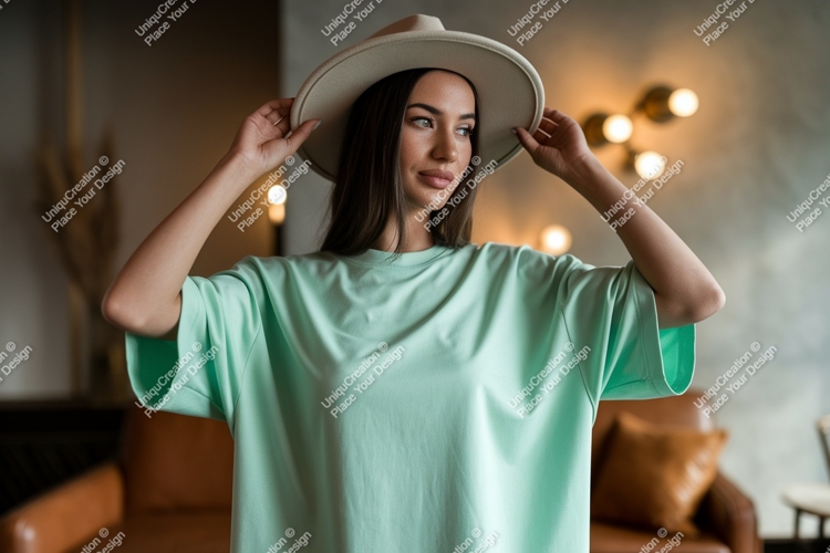 Woman wearing mint t shirt and hat image