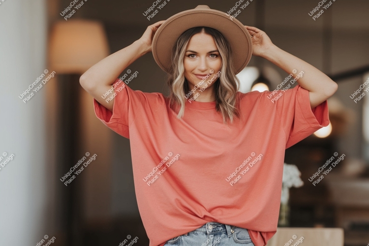 Woman wearing coral t shirt and hat image