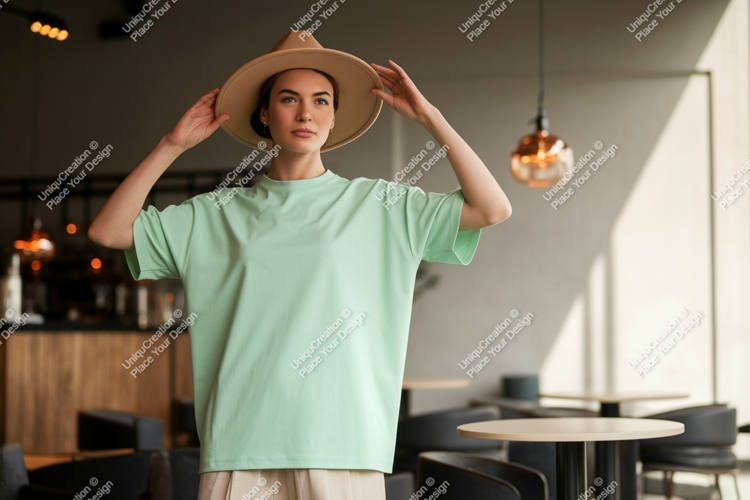 Woman wearing mint green t shirt and beige hat image