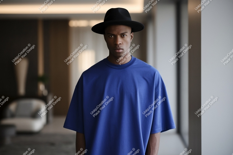 Man wearing blue t-shirt and black hat