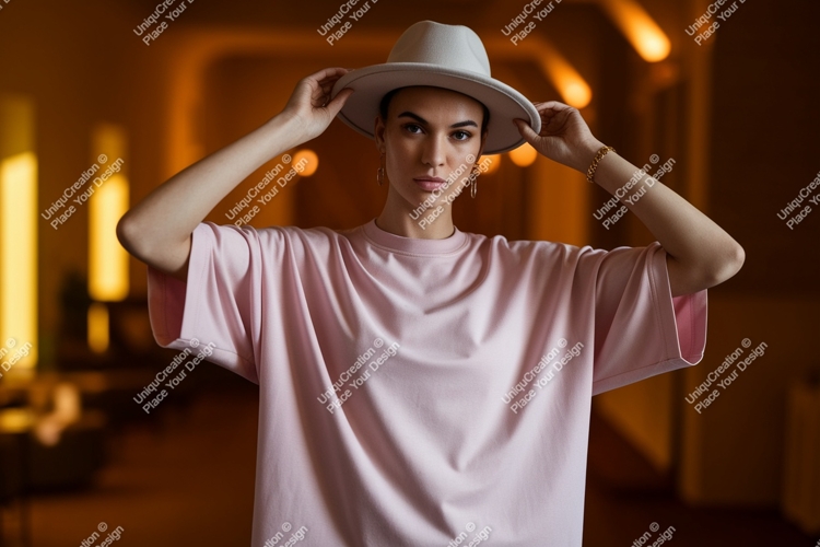Woman wearing pink t shirt and hat t-shirt fashion
