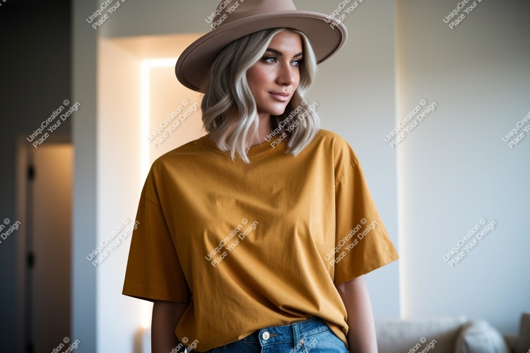 Woman wearing mustard t shirt and hat image