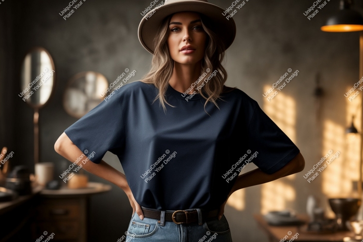 Woman wearing dark blue t shirt and hat image