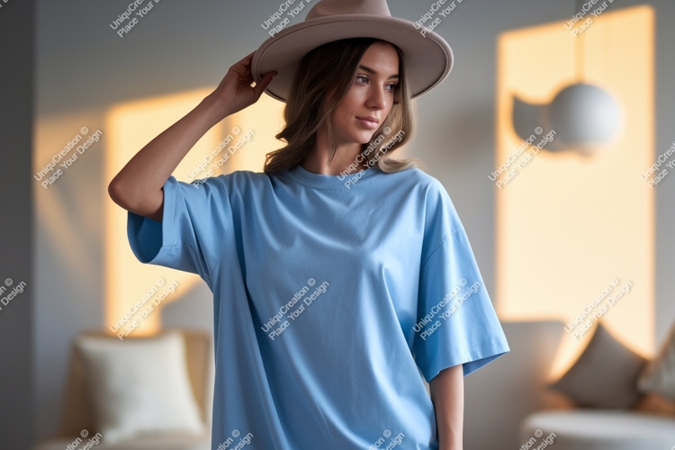 Woman wearing blue t-shirt and hat fashion