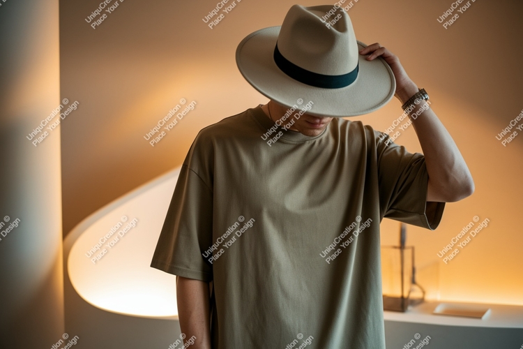 Man wearing fedora hat and t shirt image