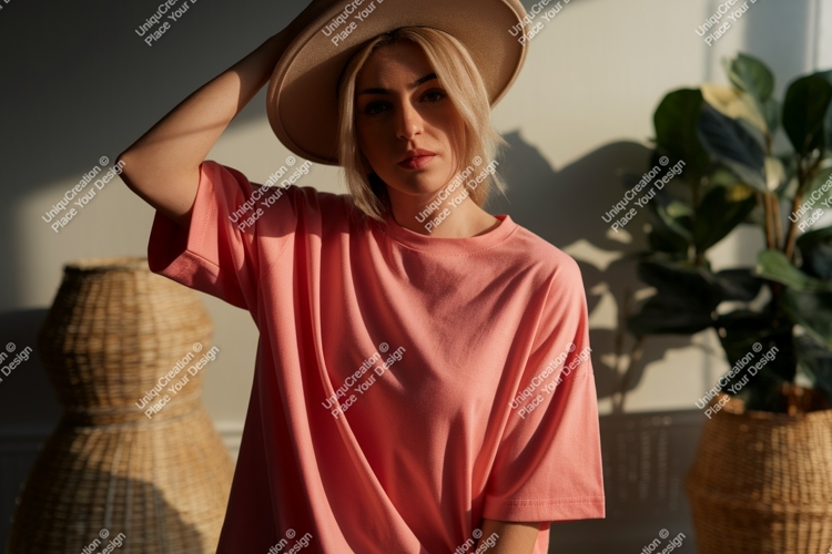 Woman wearing coral t shirt and hat image