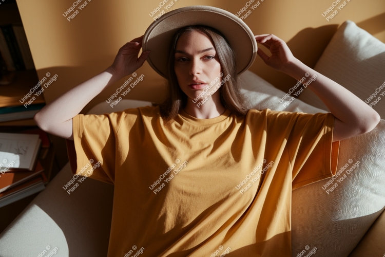 Woman wearing yellow t-shirt and hat fashion