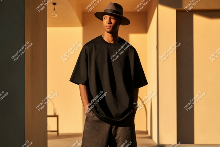 Man wearing black t shirt and fedora hat t-shirt example image 1