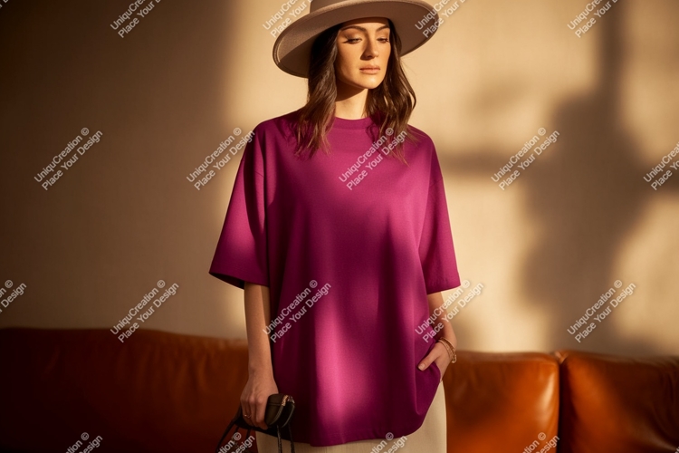 Woman wearing magenta t shirt and hat