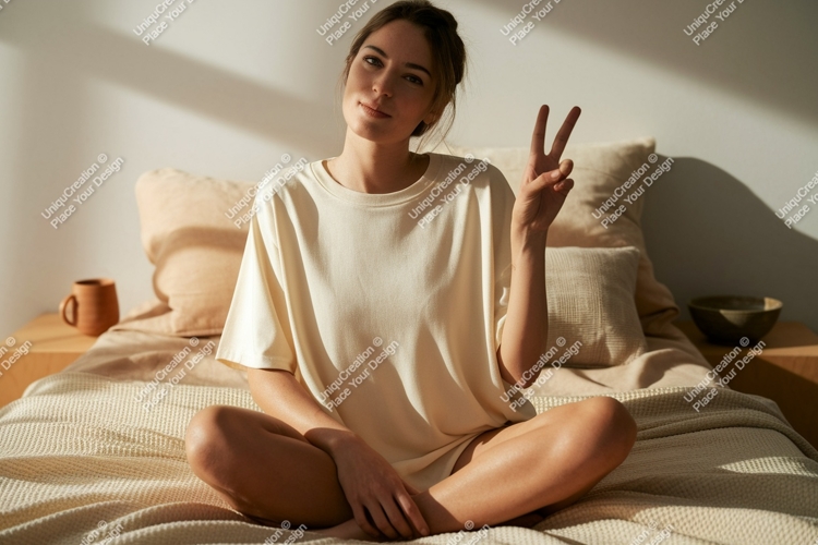 Woman peace sign gesture in casual wear image
