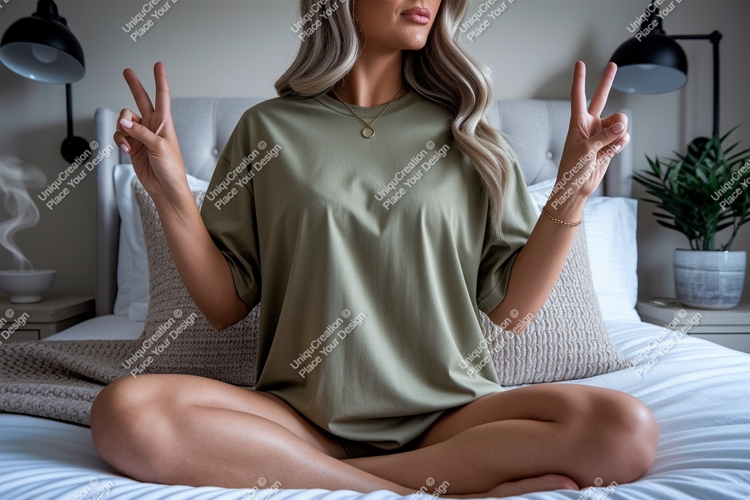 Woman wearing olive green t shirt peace sign image