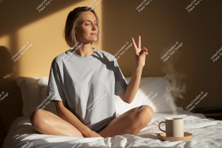 Woman peace gesture morning coffee image