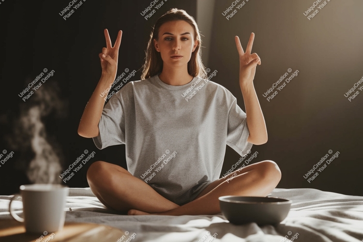 Woman peace gesture morning coffee image