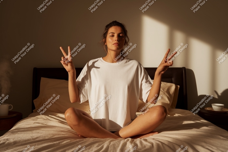 Woman meditating on bed with peace signs meditation