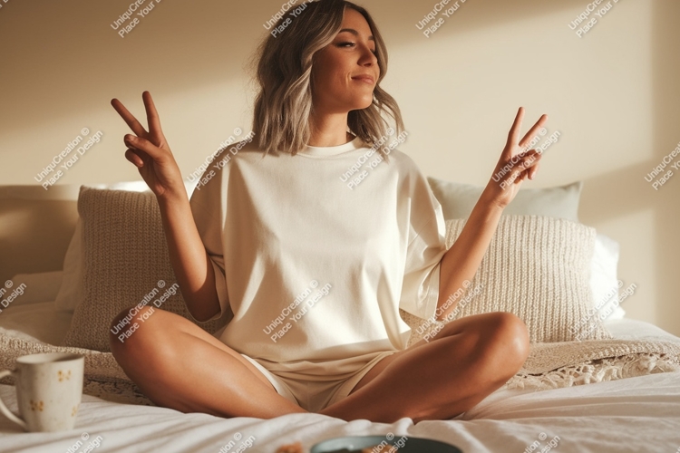 Woman peace sign cozy bedroom image