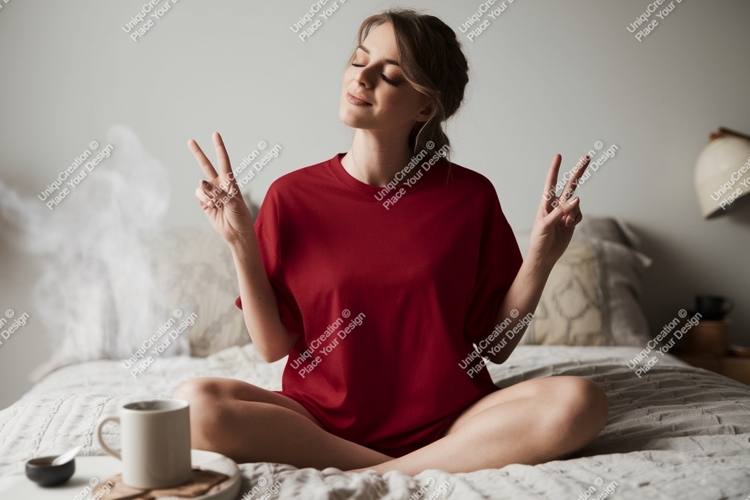 Woman in red shirt meditating on bed meditation