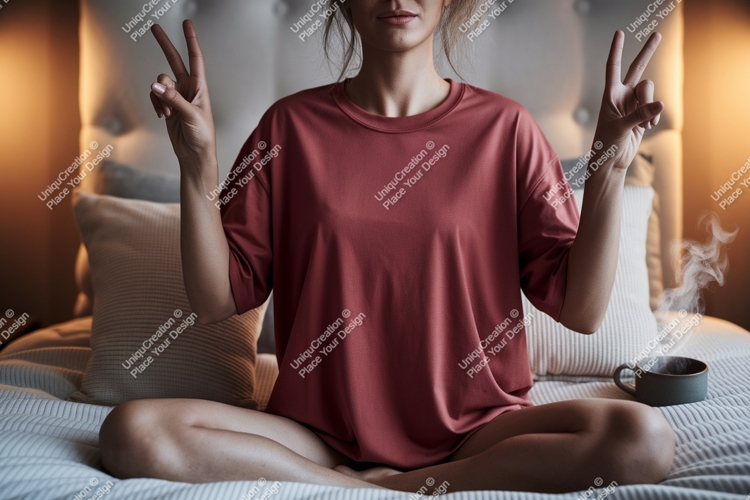 Woman wearing red t shirt peace sign image