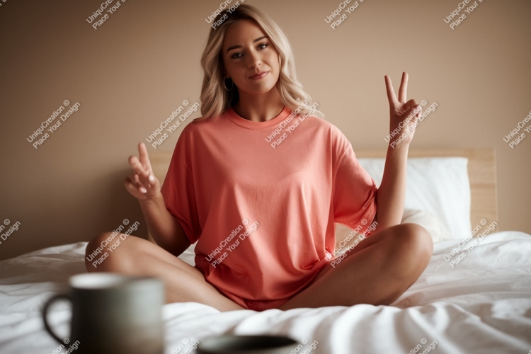 Woman wearing coral t shirt peace sign image