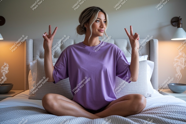 Woman peace sign bedroom mockup image