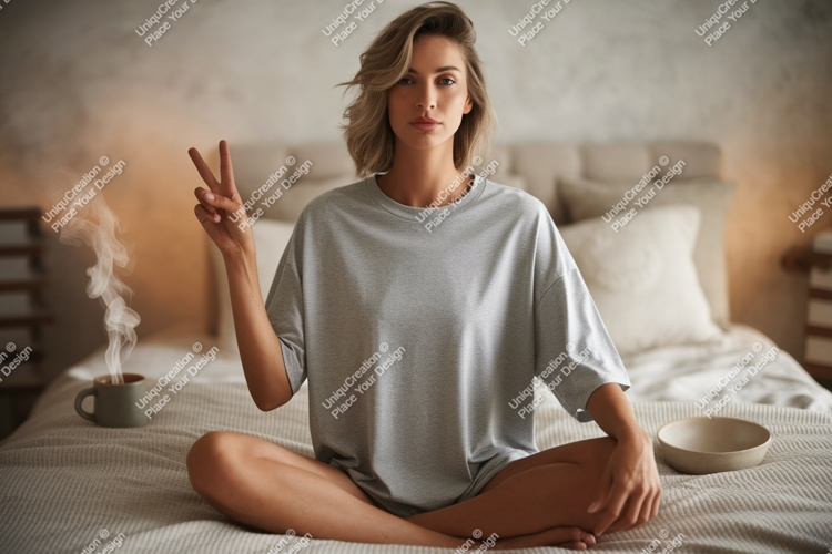 Woman peace gesture morning coffee image