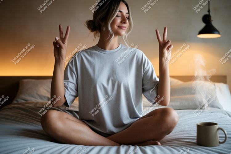 Woman peace gesture comfortable bedroom image