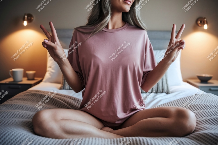 Woman wearing pink t shirt peace sign image