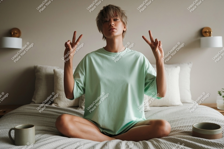 Young woman peace sign bedroom mockup t-shirt