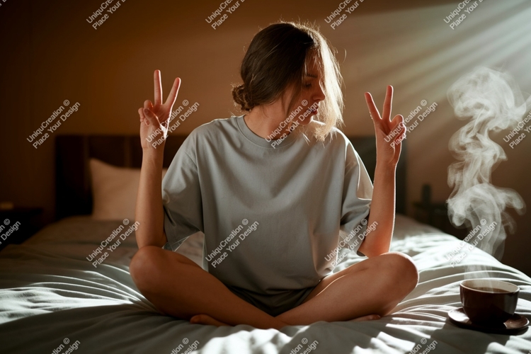 Woman peace gesture morning coffee image