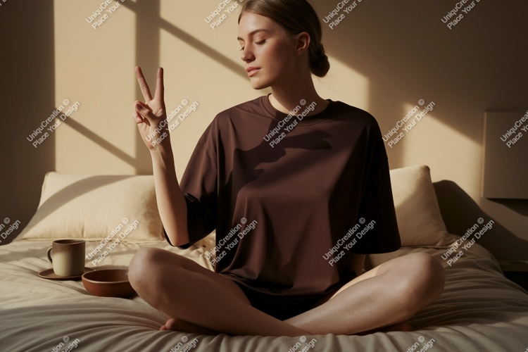 Woman peace sign brown shirt image